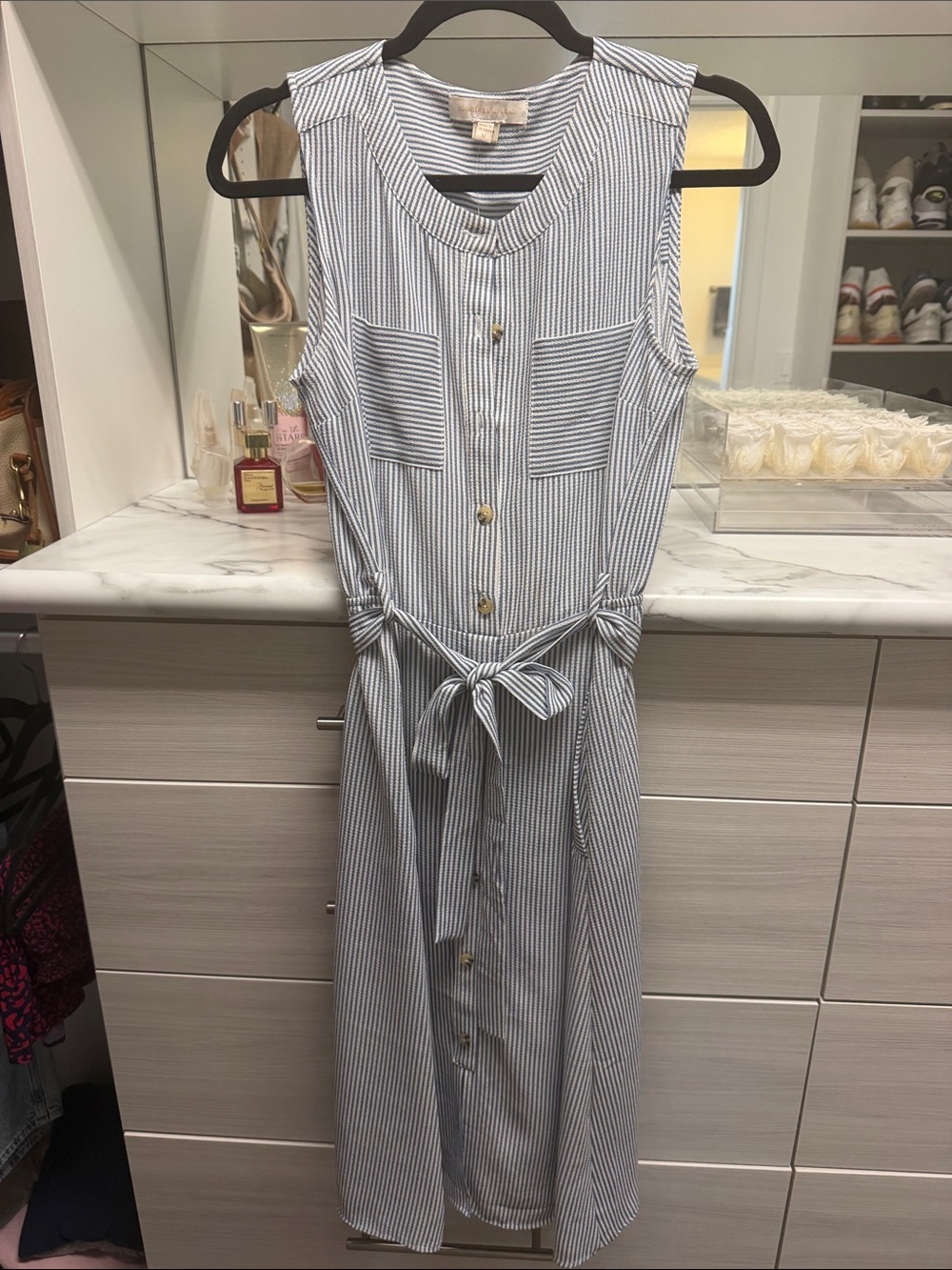 Sleeveless Striped Button-Front Maxi Dress with Waist Tie - Blue/White